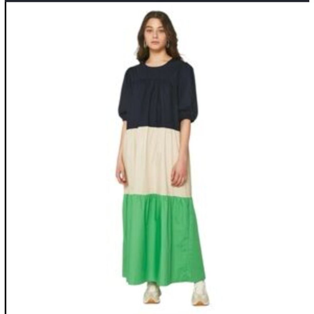 Compania Fantastica Colorblock Tiered Maxi Dress Navy Green M